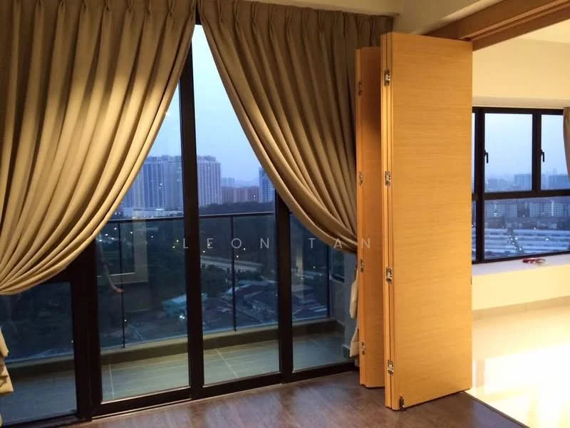 Room features: floor-to-ceiling windows, sliding glass door, curtains, wooden door, city view, laminate flooring, neutral wall color, balcony access; style: modern; view: city.