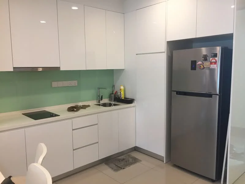 Kitchen features: white glossy cabinetry, green glass backsplash, white countertop, single-bowl stainless-steel sink, chrome pull-down faucet, built-in induction cooktop, stainless-steel fridge, tile flooring, recessed downlights; style: modern.
