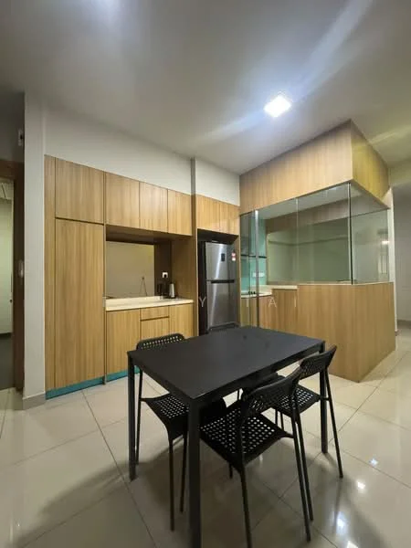 Kitchen features: wood cabinetry, glass-front upper cabinets, stainless-steel fridge, white countertop, built-in oven, ceramic tile flooring, recessed downlights, black dining table, four black dining chairs, open shelving, neutral wall color, kitchen island with seating; style: modern.