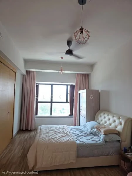 Bedroom features: queen-size bed with upholstered headboard, light grey bedding, wooden flooring, floor-to-ceiling window, sheer curtains, 3-blade ceiling fan, decorative pendant light, built-in wardrobe with sliding doors, wall-mounted mirror; style: modern.