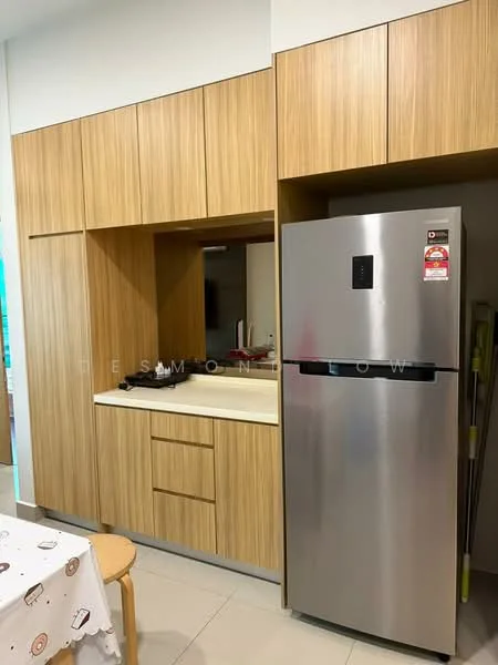 Kitchen features: wood cabinetry, light wood finish, white countertop, stainless-steel fridge, built-in stove, tile flooring, under-cabinet lighting; style: modern.
