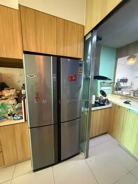 Kitchen features: stainless-steel fridge, wood cabinetry, white countertop, built-in oven, gas hob, exhaust hood, ceramic tile flooring, light green wall, open shelving, sink; style: modern.
