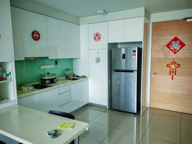 Kitchen features: white cabinetry, green backsplash, stainless-steel fridge, built-in countertop, ceramic tile flooring, wall-mounted kitchen appliances, decorative wall hangings, single-bowl stainless-steel sink, chrome faucet, open shelving, kitchen island with seating; style: modern.