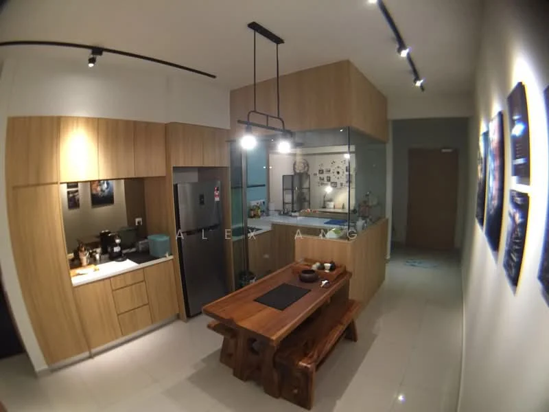Kitchen features: light wood cabinetry, white countertop, stainless-steel fridge, built-in oven, 4-burner gas hob, single-bowl stainless-steel sink, chrome pull-down faucet, pendant lighting, dining table with wooden finish, white tiled flooring, glass partition, wall-mounted artwork; style: modern.