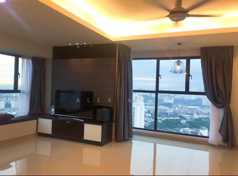 Living features: floor-to-ceiling windows, city view, 3-blade ceiling fan, recessed downlights, wall-mounted TV, TV console, built-in cabinetry, window seat with cushions, cream painted walls, glossy tile flooring, curtains, decorative pendant light; style: modern; view: city.