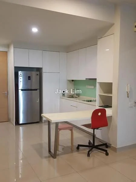 Kitchen features: white cabinetry, stainless-steel fridge, white countertop, built-in sink, glass backsplash, ceramic tile flooring, recessed downlights, dining table with metal legs, red chair, open shelving, kitchen appliances, wall-mounted cabinets; style: modern.
