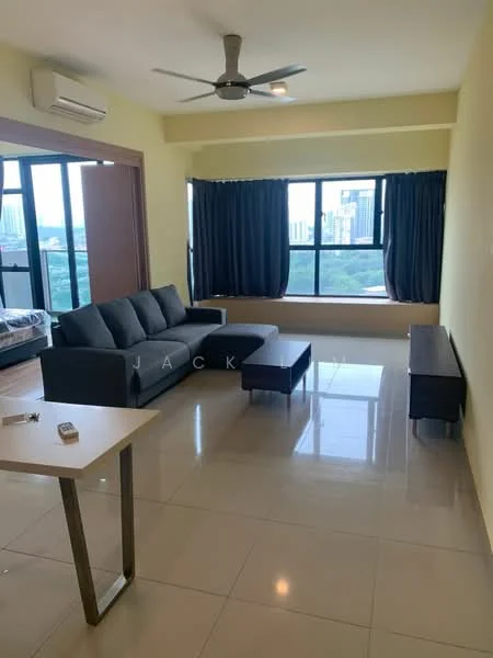 Living features: 3-seater fabric sofa in grey, coffee table, TV console, wall-mounted TV, floor-to-ceiling windows, blackout curtains, ceiling fan, polished ceramic tile flooring, light yellow painted walls, window view of city skyline, built-in storage unit; style: modern; view: city.