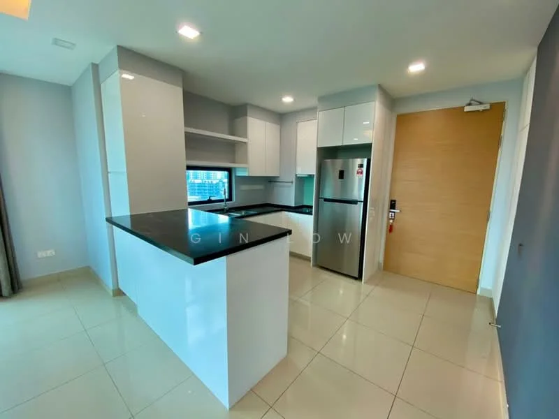 Kitchen features: white cabinetry, black granite countertop, stainless-steel fridge, built-in oven, ceramic tile flooring, recessed downlights, single-bowl stainless-steel sink, chrome pull-down faucet, window with city view, open layout, modern design, high-gloss finish on cabinets; style: modern; view: city.