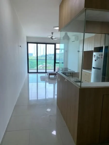 Room features: white painted walls, glossy tile flooring, 5-blade ceiling fan, floor-to-ceiling windows, glass partition, wood cabinetry, stainless-steel fridge, open layout, natural light, view of greenery; style: modern; view: garden.