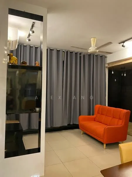 Living features: orange fabric 2-seater sofa, grey curtains, white walls, ceiling fan, recessed downlights, black shelving unit, tile flooring, decorative figurines on shelf; style: modern.