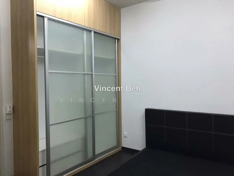Room features: built-in wardrobe with sliding glass doors, wood paneling on the wall, black upholstered headboard, dark flooring, white painted walls; style: modern.
