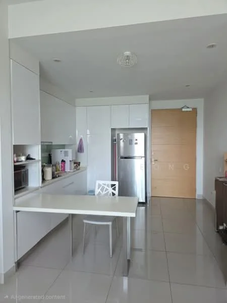 Kitchen features: white cabinetry, stainless-steel fridge, built-in oven, ceramic tile flooring, white countertop, single-bowl stainless-steel sink, chrome pull-down faucet, open shelving, dining table with white legs, white chair, wall-mounted light fixture, neutral wall colour, sliding door, recessed lighting; style: modern.