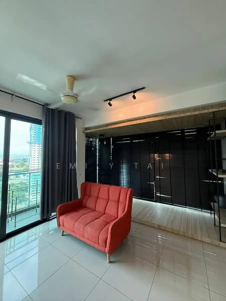 Living features: red fabric sofa, ceiling fan, floor-to-ceiling windows, sliding glass door, grey curtains, wooden shelving unit, light-colored flooring, recessed lighting; style: modern; view: city.