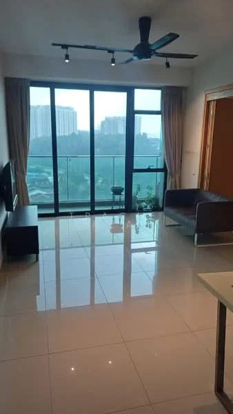 Living features: floor-to-ceiling windows, sliding glass door, curtains, 3-blade ceiling fan, wall-mounted TV, TV console, 2-seater leather sofa, polished tile flooring, decorative plants, open balcony view; style: modern; view: city.