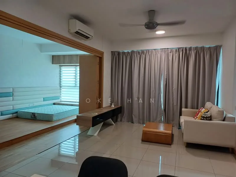 Living features: white walls, glossy tile flooring, 5-blade ceiling fan with light, sofa in white fabric, wooden coffee table, decorative cushions, curtains in grey fabric, floor-to-ceiling windows, air conditioning unit on wall; style: modern. Bedroom features: light wood flooring, bed frame without mattress, built-in wardrobe, window with blinds, accent wall with horizontal panels; style: modern.