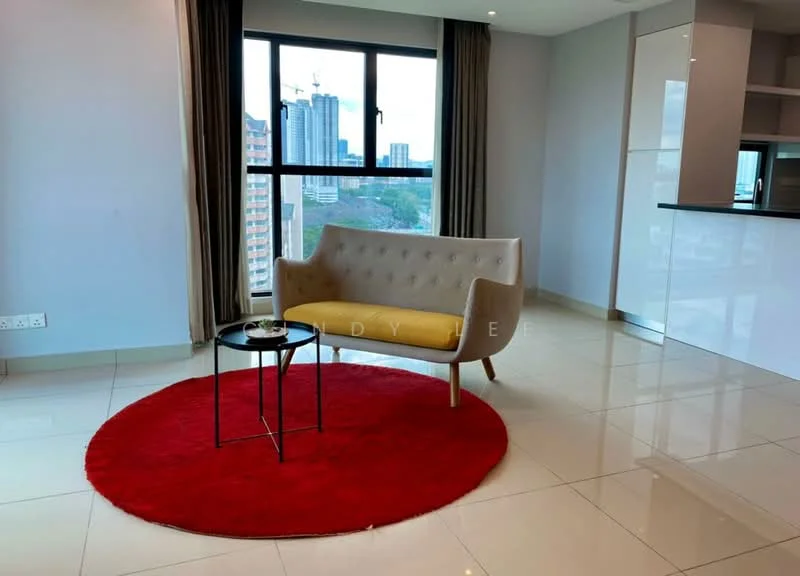 Living features: grey fabric sofa with tufted back, round red area rug, black metal side table, floor-to-ceiling window, city skyline view, cream painted walls, glossy white tile flooring, curtains, recessed downlights; style: modern; view: city.