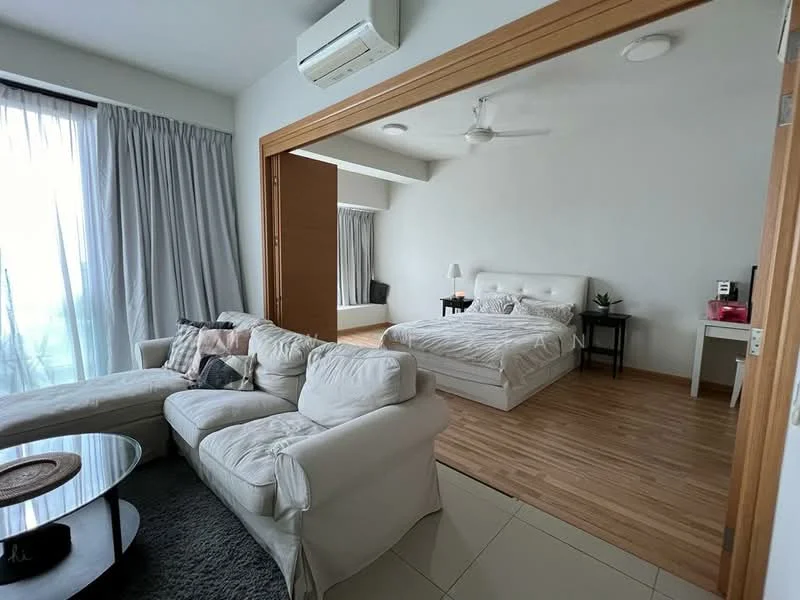 Living features: white fabric sectional sofa, round glass coffee table, area rug, floor-to-ceiling windows, sheer curtains, wooden flooring, ceiling fan, wall-mounted split AC; style: modern; view: city. Bedroom features: king-size bed with upholstered headboard, bedside lamp, wooden flooring, ceiling fan, wall-mounted split AC, dressing table, mirror; style: modern.