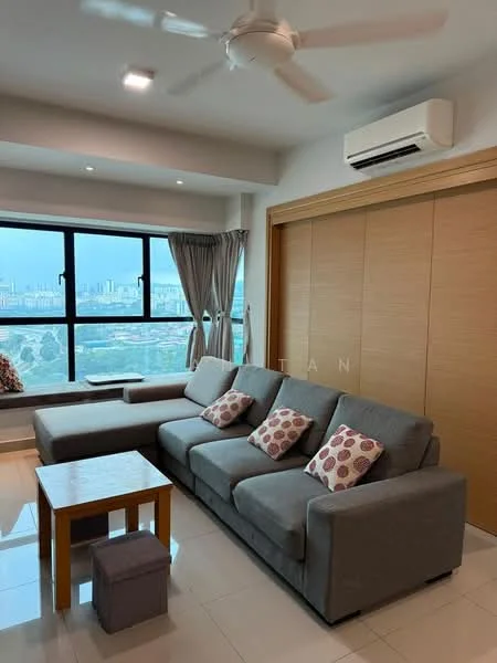 Living features: 3-seater fabric sofa in grey, decorative cushions with patterns, wooden coffee table, small ottoman, floor-to-ceiling windows, curtains in light grey, wall-mounted split AC, recessed downlights, glossy tile flooring, ceiling fan; style: modern; view: city.