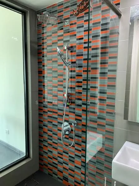 Bathroom features: walk-in shower with glass enclosure, rain shower head, handheld shower, chrome basin mixer, white wall-mounted sink, grey tiled flooring, multi-colored tile cladding on shower wall, mirror above sink; style: modern.