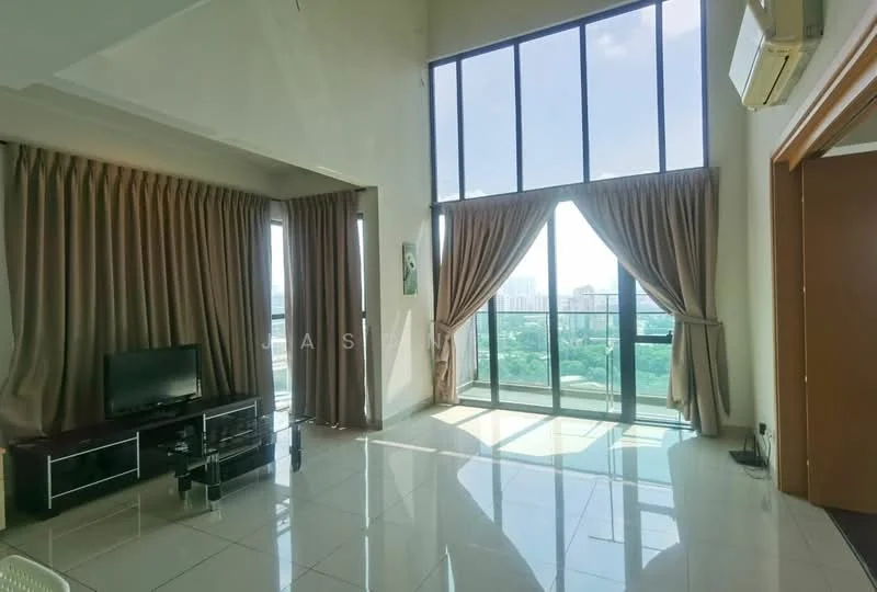 Living features: floor-to-ceiling windows, sliding glass door, cream painted walls, white ceiling, recessed downlights, 3-seater fabric sofa, coffee table, TV console, wall-mounted TV, curtains, polished tile flooring, air conditioning unit; style: modern; view: city.