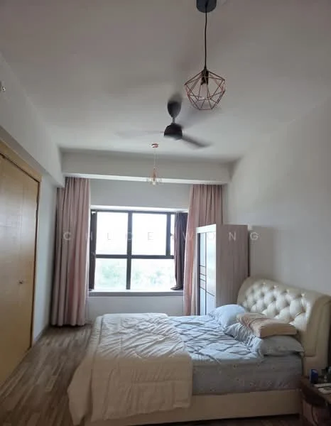 Bedroom features: queen-size bed with upholstered headboard, light-colored bedding, wooden flooring, floor-to-ceiling window, sheer curtains, ceiling fan with 3 blades, decorative pendant light, built-in wardrobe with sliding doors, wall-mounted mirror; style: modern.