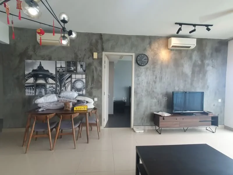 Living features: grey accent wall, cream tiled flooring, 5-blade ceiling fan, wall-mounted TV, wooden TV console, dining table with 4 chairs, decorative wall art, clock on wall, air conditioning unit; style: modern.