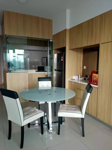 Dining features: round glass dining table, 2 upholstered dining chairs with black legs, wood cabinetry, stainless-steel fridge, built-in cabinetry, white tiled flooring, large window with natural light, open layout to kitchen area; style: modern.