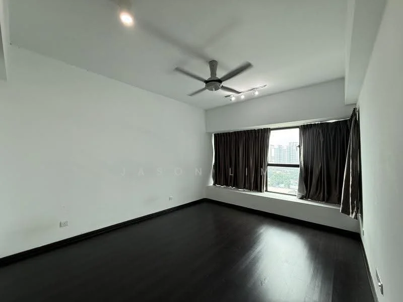 Bedroom features: dark wood flooring, white painted walls, 5-blade ceiling fan with light, floor-to-ceiling window, blackout curtains, city view; style: modern; view: city.