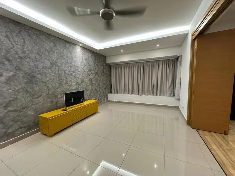 Living features: grey accent wall, white painted walls, glossy tile flooring, recessed LED downlights, 5-blade ceiling fan, large window with sheer curtains, TV console in yellow, neutral color palette, wooden door, built-in wardrobe; style: modern.