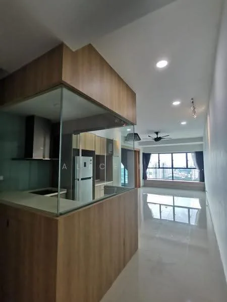Kitchen features: glass partition, wood cabinetry, stainless-steel fridge, stainless-steel sink, countertop, recessed downlights, pendant light, open layout, marble tile flooring; style: modern; view: city. Living features: floor-to-ceiling windows, sliding glass door, ceiling fan, marble tile flooring, curtains, open layout; style: modern; view: city.