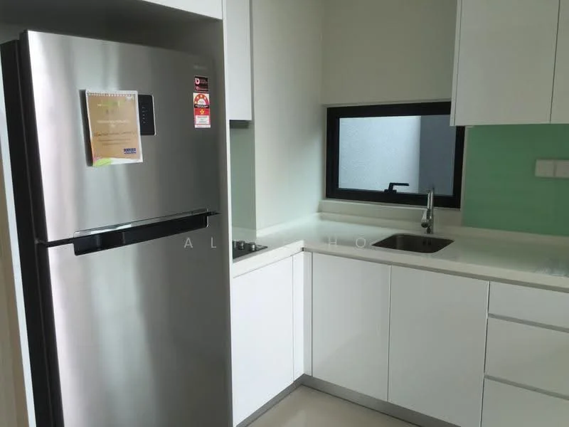 Kitchen features: stainless-steel fridge, single-bowl stainless-steel sink, chrome pull-down faucet, white cabinetry, white countertop, green backsplash, wall-mounted window, under-cabinet lighting; style: modern.