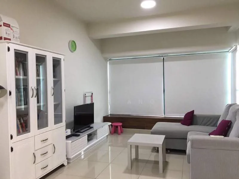 Living features: grey L-shape sectional sofa, white coffee table, white TV console, wall-mounted TV, white display cabinet with glass doors, pink stools, large windows with roller blinds, cream painted walls, glossy tile flooring, recessed ceiling lights; style: modern.