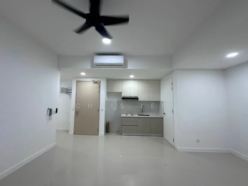 Living features: white painted walls, polished tile flooring, 5-blade ceiling fan with light, wall-mounted split AC, recessed LED downlights, open kitchen layout, kitchen cabinetry in light color, stainless-steel sink, built-in oven, cooktop, countertop with backsplash; style: modern.