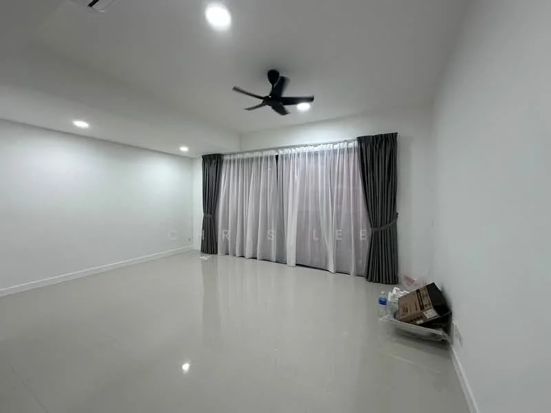 Living features: white painted walls, polished tile flooring, 5-blade ceiling fan with light, floor-to-ceiling windows, sheer curtains, dark grey blackout curtains, recessed downlights, open space, minimalist decor, no visible furniture; style: modern.