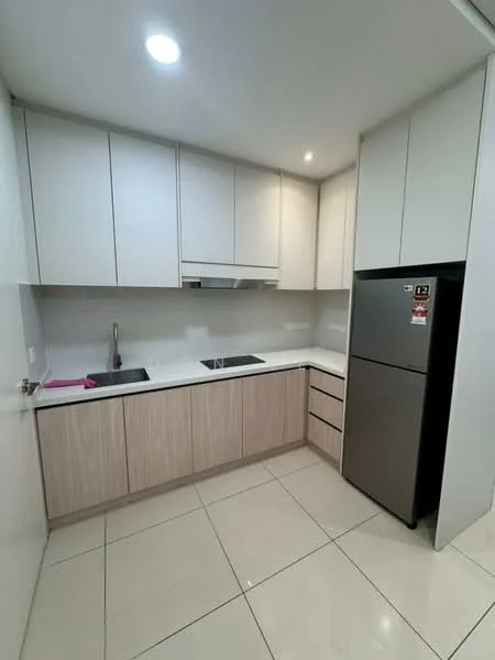 Kitchen features: white cabinetry with flat-panel doors, light wood lower cabinets, stainless-steel sink, chrome pull-down faucet, white tiled backsplash, built-in oven, freestanding refrigerator in silver, ceramic tile flooring, recessed downlights, countertop with overhang, drawer storage, open shelving; style: modern.