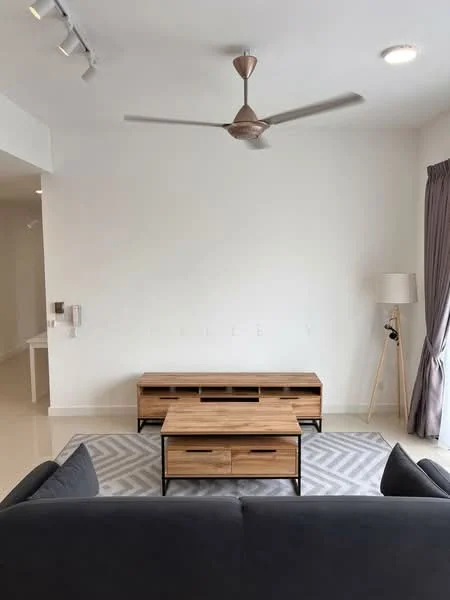 Living features: 5-blade ceiling fan with light, grey fabric sofa, wooden coffee table with storage, wooden TV console with drawers, area rug with geometric pattern, white painted walls, recessed ceiling lights, floor-to-ceiling window treatments, laminate flooring; style: modern.