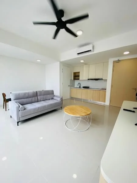 Living features: 3-seater fabric sofa in grey, round wooden coffee table with metal base, wall-mounted TV, ceiling fan with light, recessed downlights, white painted walls, glossy tile flooring, open layout to kitchen, air conditioning unit; style: modern. Kitchen features: kitchen cabinetry in light wood, black sink, kitchen countertop, built-in stove, refrigerator, open shelving, white backsplash; style: modern.