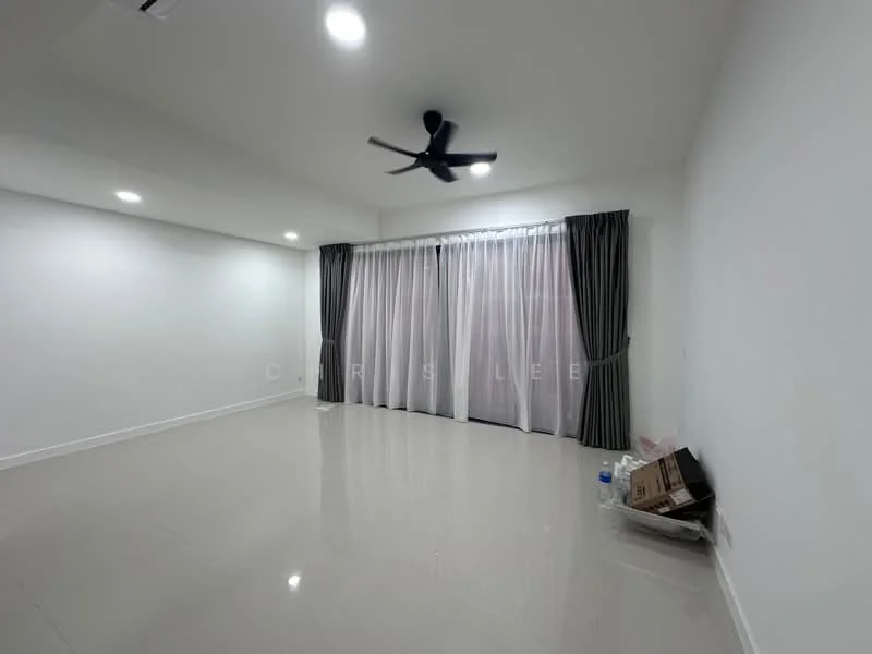 Living features: white painted walls, polished ceramic tile flooring, 5-blade ceiling fan with light, floor-to-ceiling windows, sheer curtains, blackout curtains, recessed downlights, open space, minimalist decor, no visible furniture; style: modern.