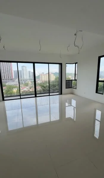 Living features: white painted walls, polished ceramic tile flooring, floor-to-ceiling windows, sliding glass door, city view, recessed downlights, open layout, high ceiling; style: modern; view: city.