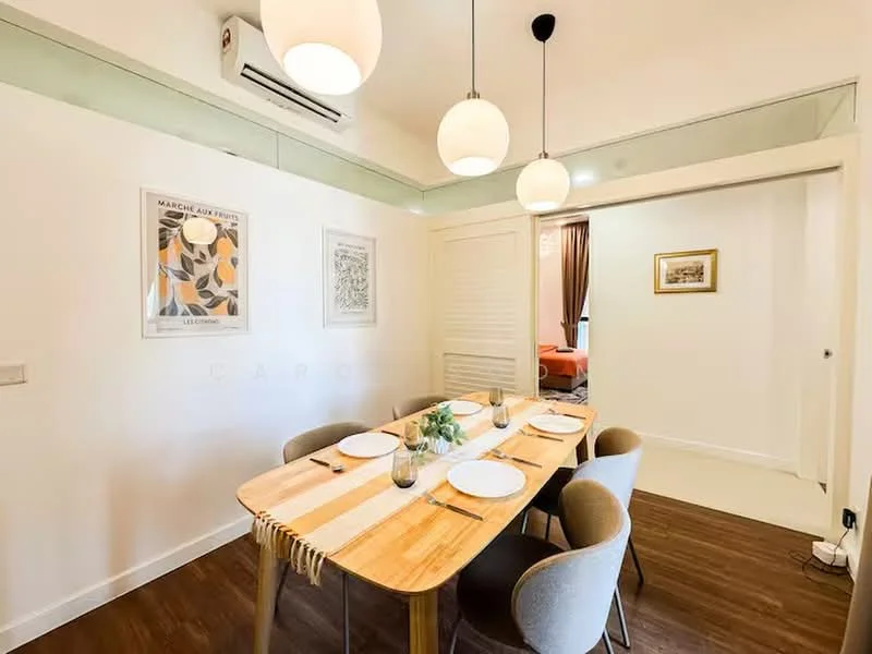 Dining features: wooden dining table, 4 upholstered dining chairs, pendant lighting fixtures, wall-mounted air conditioning unit, white painted walls, laminate flooring, decorative wall art, plant centerpiece on table; style: modern. Room features: doorway leading to another room, curtains visible in adjacent room.
