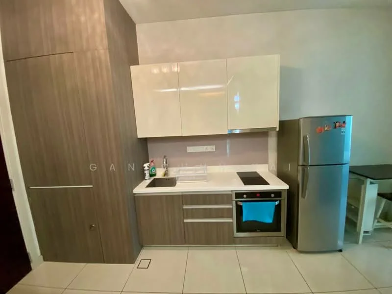 Kitchen features: white upper cabinets, brown lower cabinets, white countertop, stainless-steel sink, chrome pull-down faucet, built-in oven, stainless-steel fridge, ceramic tile flooring, backsplash with pink tiles, kitchen island with seating, wall-mounted cabinets, integrated cooktop; style: modern.