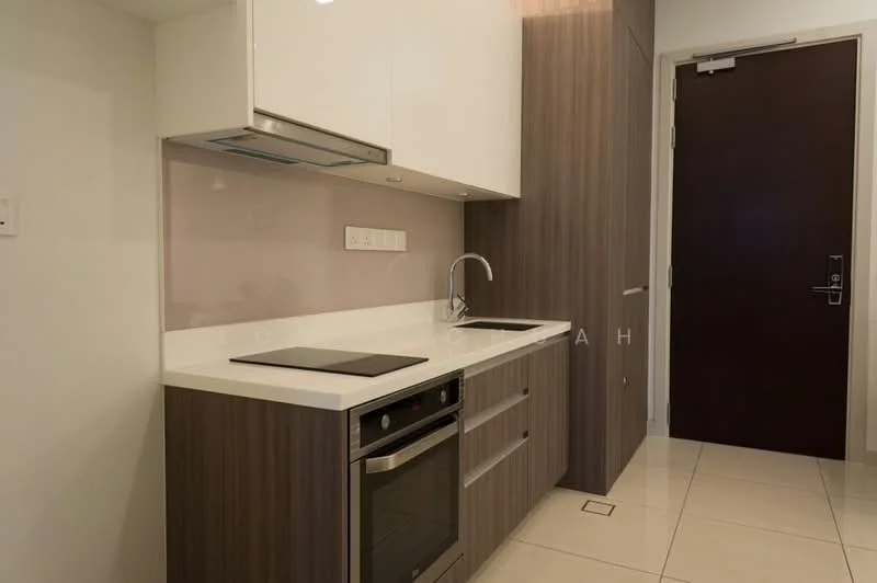 Kitchen features: white high-gloss cabinetry, brown wood cabinetry, white quartz countertop, built-in oven, electric cooktop, stainless-steel sink, chrome pull-down faucet, tile backsplash, recessed downlights, cream tiled flooring; style: modern.