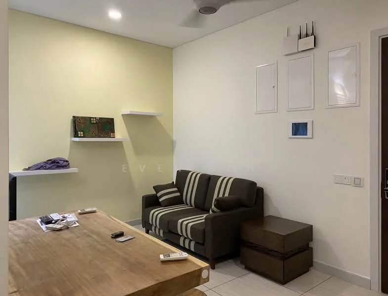 Living features: 3-seater fabric sofa in brown with striped cushions, wooden coffee table, flat-screen TV remote, decorative wall shelves, light-colored painted walls, white tiled flooring, ceiling fan, storage ottoman, wall-mounted electrical panels; style: modern.