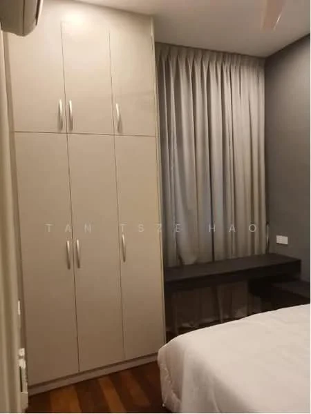 Bedroom features: built-in wardrobe with multiple doors, grey accent wall, white curtains, wooden flooring, bedside table, desk with chair, ceiling fan; style: modern.