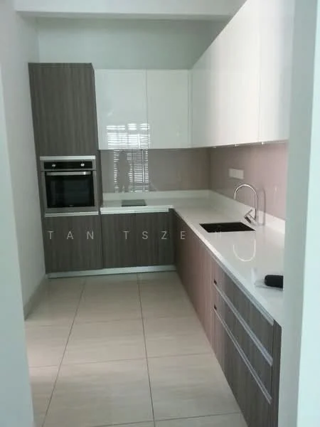 Kitchen features: white high-gloss cabinetry, brown wood cabinetry, quartz countertop, built-in oven, induction cooktop, single-bowl stainless-steel sink, chrome pull-down faucet, tile backsplash, recessed downlights, floor-to-ceiling cabinets, sliding window, light-colored tile flooring; style: modern.