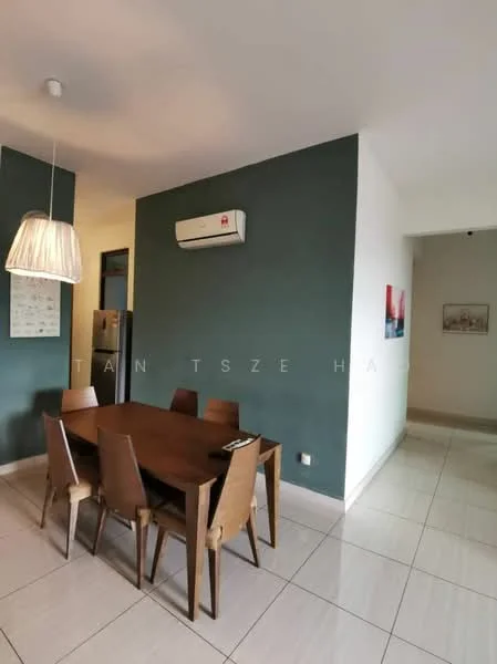 Dining features: wood dining table, 4 wooden dining chairs, pendant light fixture, wall-mounted air conditioning unit, green accent wall, white walls, ceramic tile flooring, framed artwork on wall; style: modern. Room features: white walls, ceramic tile flooring, doorway leading to hallway.
