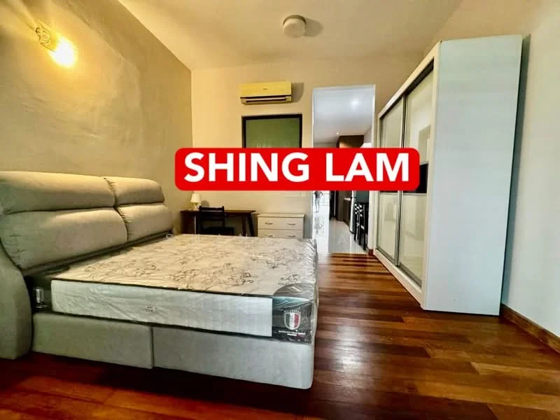 Bedroom features: queen-size bed, upholstered headboard, wooden flooring, built-in wardrobe with sliding doors, wall-mounted air conditioning unit, desk with chair, nightstand, recessed ceiling light; style: modern.