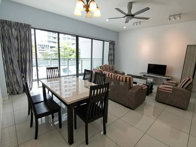 Living features: 5-blade ceiling fan with light, floor-to-ceiling windows, sliding glass door, beige fabric sofa, 2-seater fabric sofa, coffee table, wall-mounted TV, TV console, area rug, dining table with 6 chairs, curtains with striped pattern, white painted walls, glossy tile flooring; style: modern; view: garden.