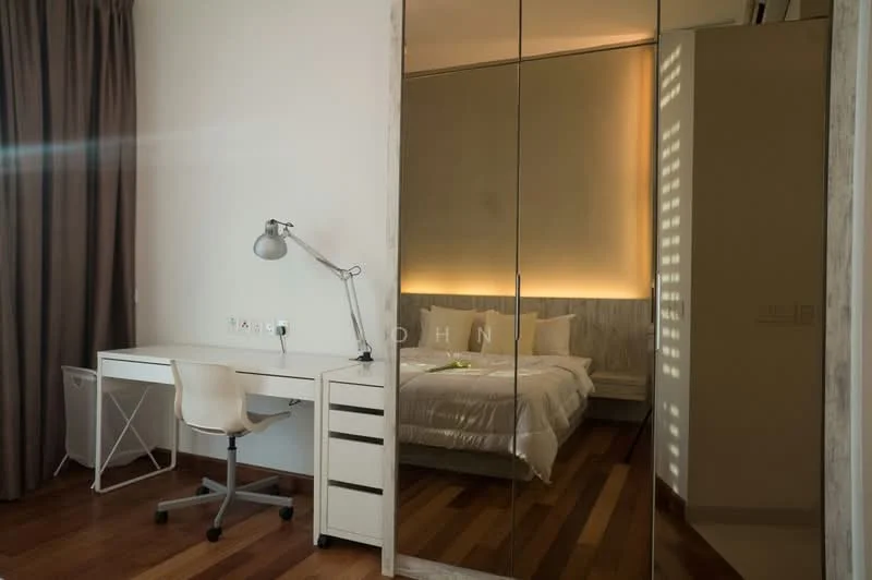 Bedroom features: queen-size bed with white bedding, upholstered headboard, wooden flooring, floor-to-ceiling mirror wardrobe, desk with drawers, white desk chair, table lamp, curtains, recessed lighting, wall-mounted light, decorative wall paneling; style: modern.
