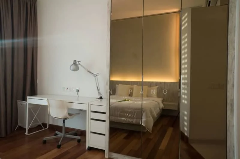 Bedroom features: queen-size bed with white bedding, upholstered headboard, mirrored wardrobe, wooden flooring, desk with white finish, task lamp, curtains in grey, ambient lighting behind headboard, wall-mounted electrical outlets, decorative plant on desk; style: modern.